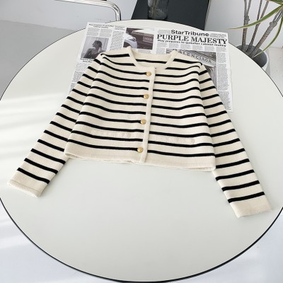 Black Stripes 2022 Spring Women Stripes Knit Cardigan O-neck Short Coat Single Breasted Long Sleeve Sweater