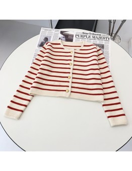 Red Stripes 2022 Spring Women Stripes Knit Cardigan O-neck Short Coat Single Breasted Long Sleeve Sweater