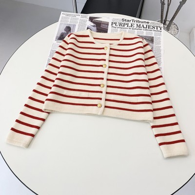 Red Stripes 2022 Spring Women Stripes Knit Cardigan O-neck Short Coat Single Breasted Long Sleeve Sweater