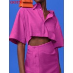 OOTN Streetwear Turn-Down Collar Sexy Hollow Out Short Sleeve Cotton Summer Dresses For Women Single Breasted Pink Pencil Dress