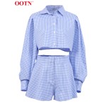 OOTN Gingham Long Lantern Sleeve Turn-Down Collar Shirt Single Breasted Crop Top Suits With Shorts High Waist Summer 2 Piece Set