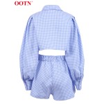 OOTN Gingham Long Lantern Sleeve Turn-Down Collar Shirt Single Breasted Crop Top Suits With Shorts High Waist Summer 2 Piece Set