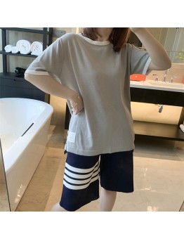 Spring and summer new tb short-sleeved T-shirt female students all-match loose and thin fashion hit color round neck top