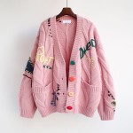 pink Autumn Winter Women Cardigan Warm Knitted Sweater Jacket Pocket Embroidery Fashion Knit Cardigans Coat Lady Loose Sweaters