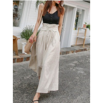 Apricot Spring Fashion Women's Pants with Elegant Temperament and Leisure Straps High Waist Cotton and Linen Loose Wide Leg Pants Women