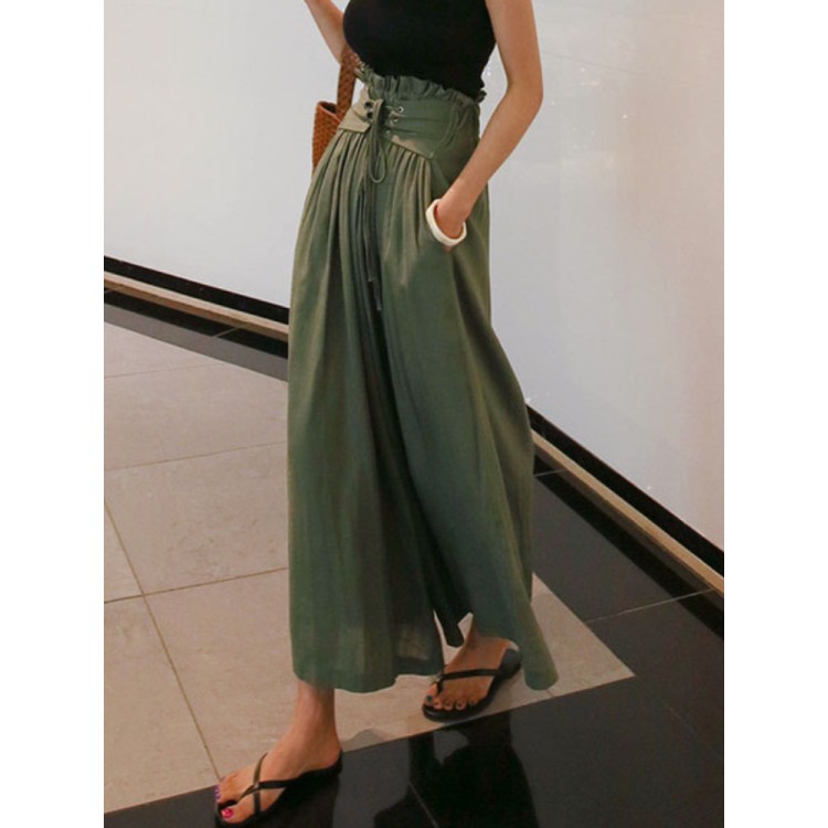 Green Spring Fashion Women's Pants with Elegant Temperament and Leisure Straps High Waist Cotton and Linen Loose Wide Leg Pants Women