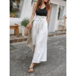 Rice white Spring Fashion Women's Pants with Elegant Temperament and Leisure Straps High Waist Cotton and Linen Loose Wide Leg Pants Women